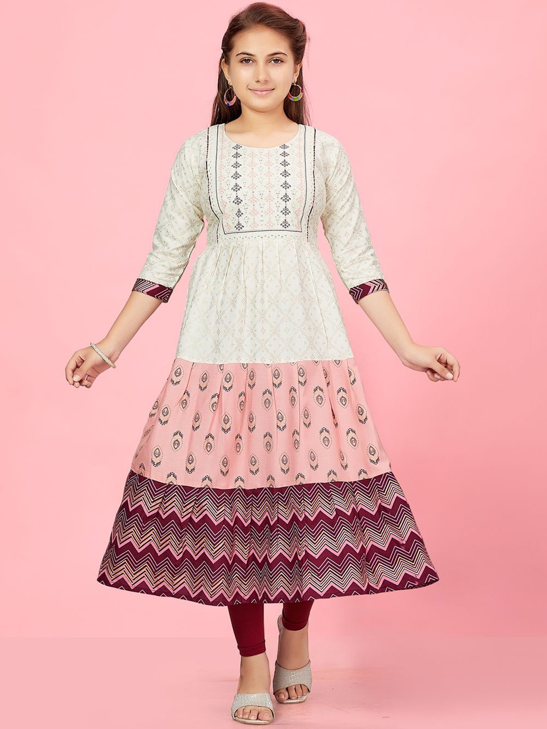 

BAESD Girls Ethnic Motifs Printed Sequinned Cotton Anarkali Kurta, Cream