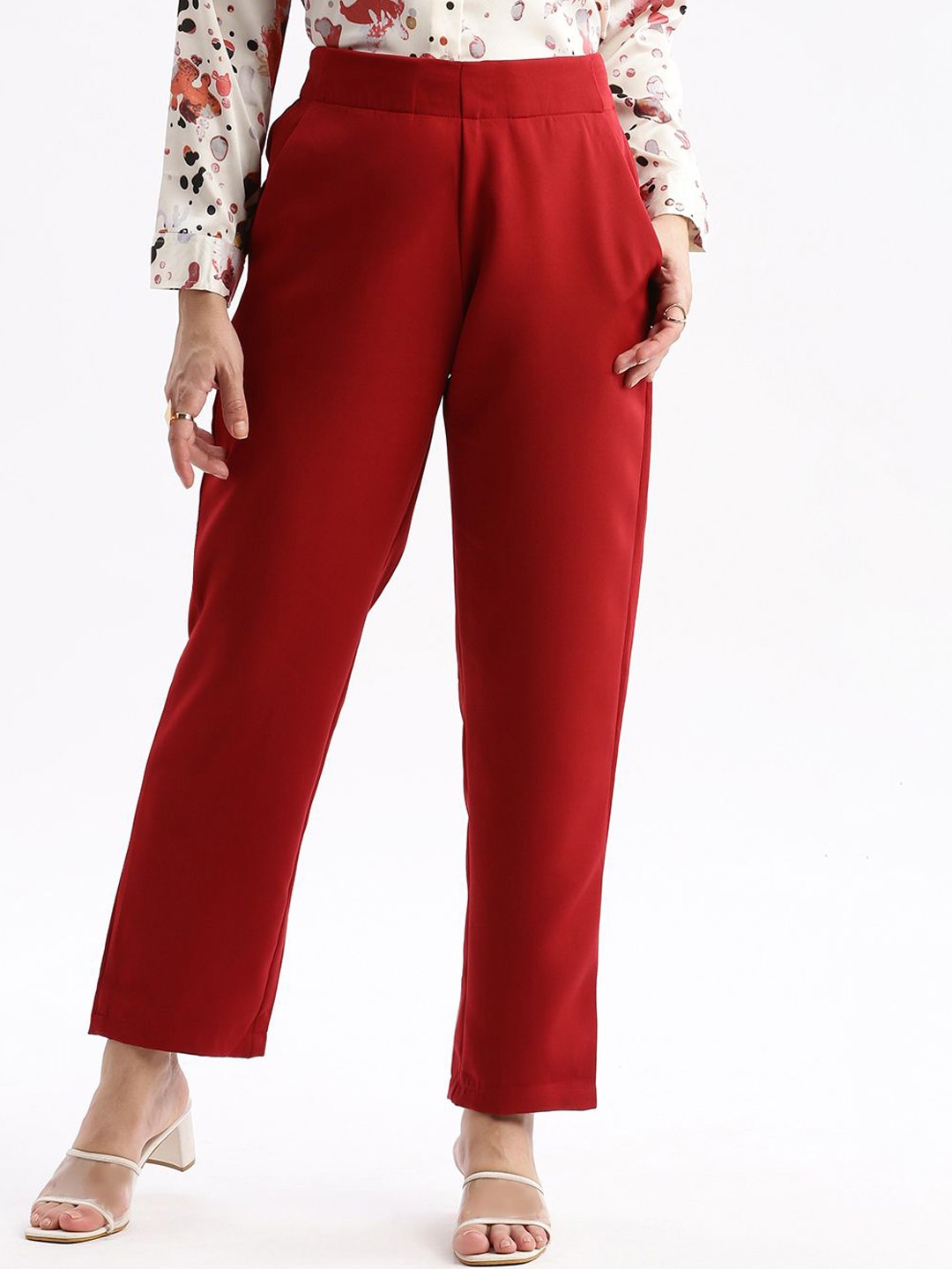 

SHOWOFF Women Comfort Slim Fit Mid Rise Regular Trousers, Maroon