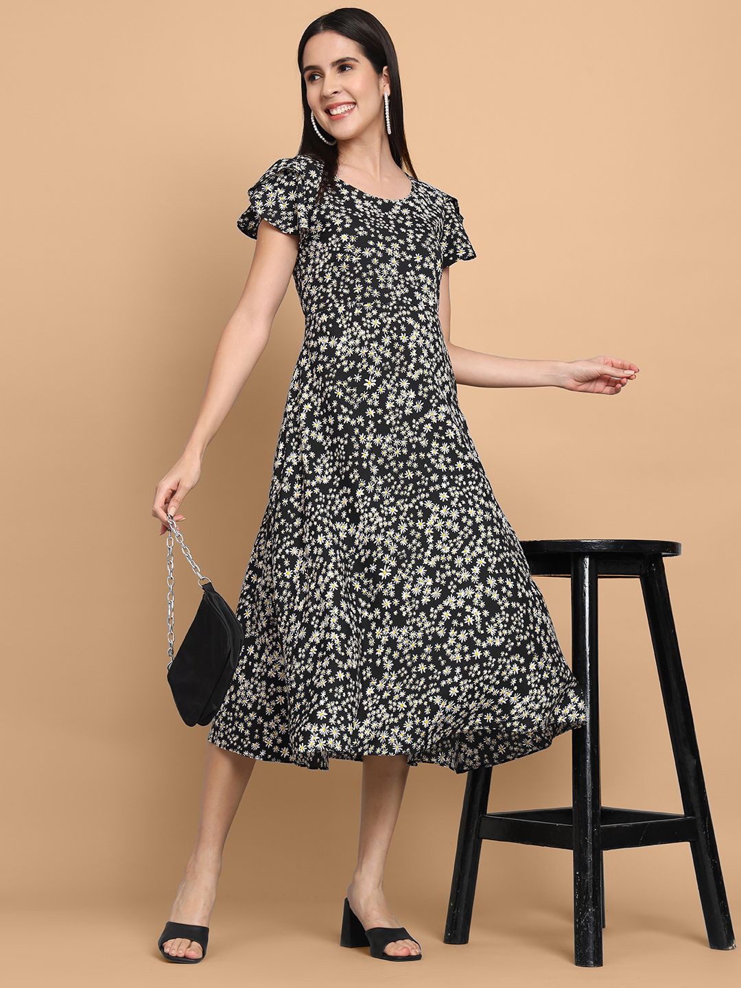 

Dream Beauty Fashion Floral Printed A-Line Midi Dress, Black