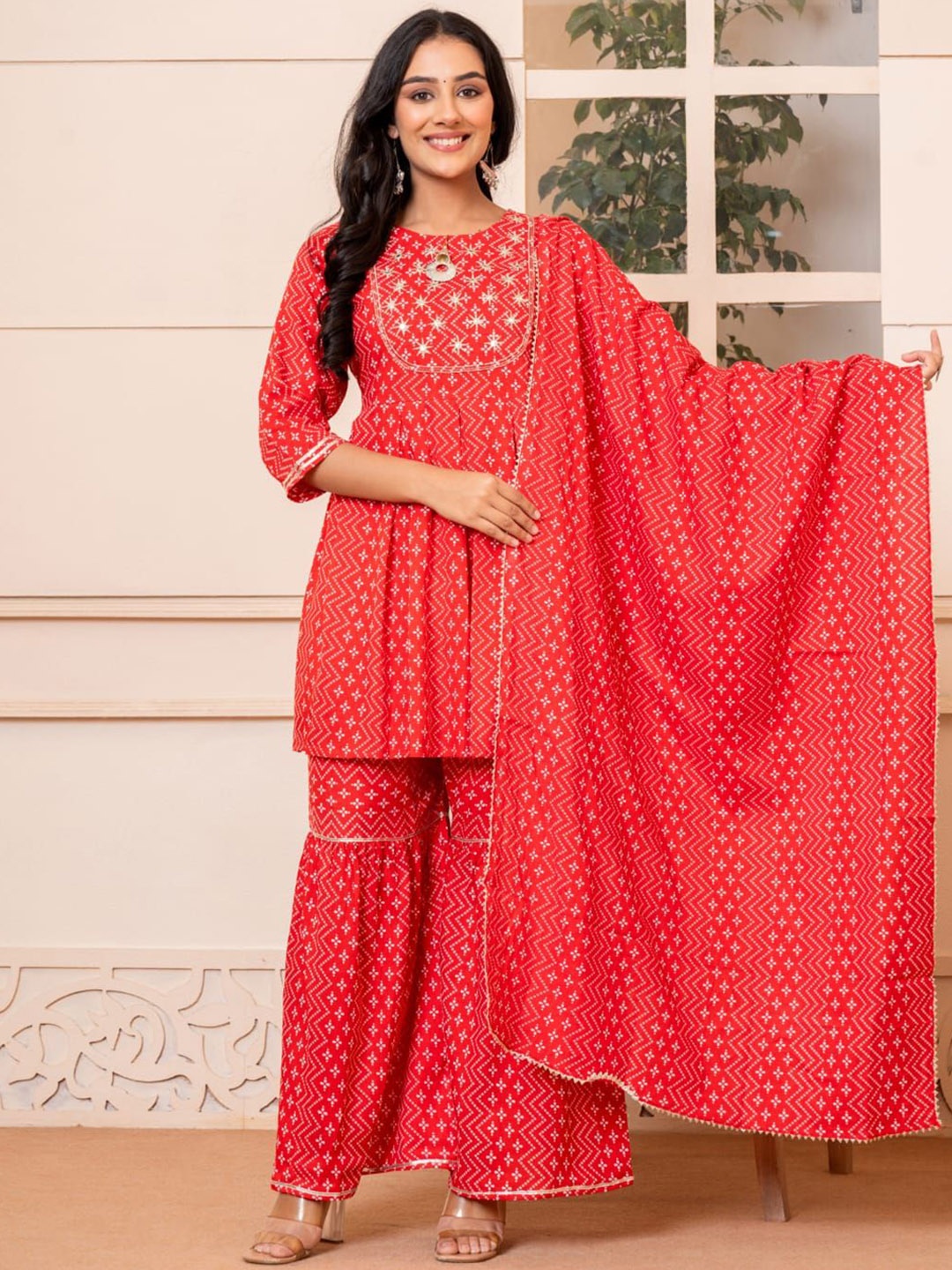 

SHOOLIN Floral Printed Gotta Patti A-Line Kurta With Sharara & Dupatta, Red