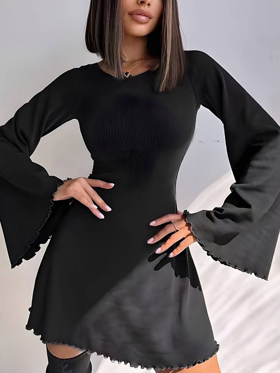 

StyleCast Round Neck Flared Sleeve A-Line Dress, Black