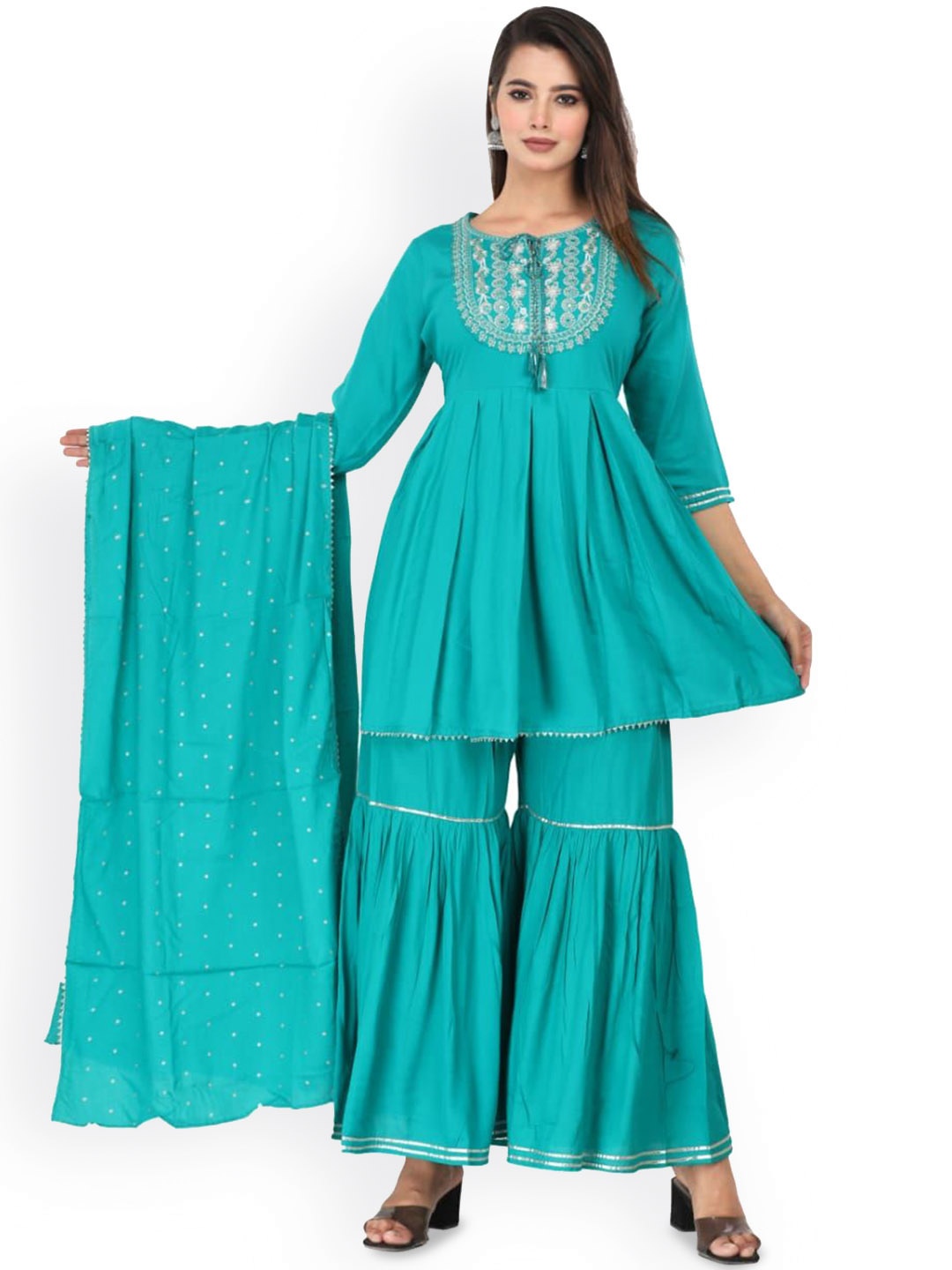

SHOOLIN Women Floral Yoke Design Empire Mirror Work Kurta with Sharara & With Dupatta, Turquoise blue