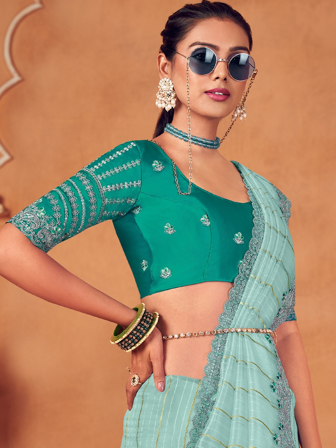 

VIRICA Striped Embroidered Organza Saree, Sea green