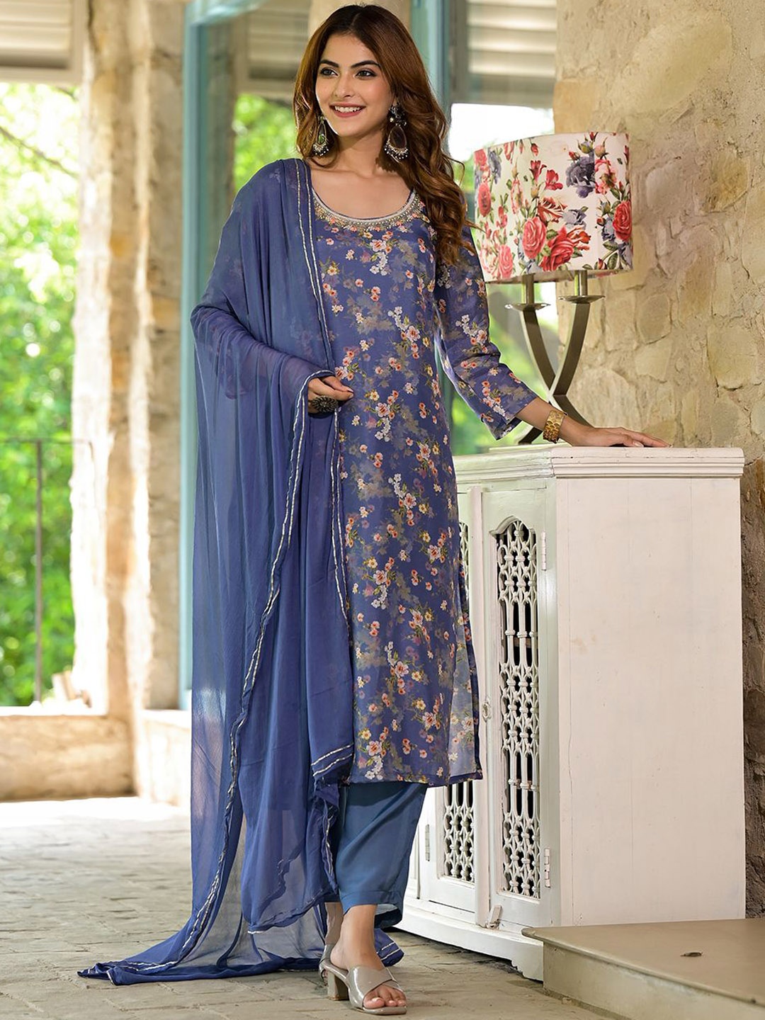 

Divena Floral Printed Beads & Stones Straight Kurta With Palazzos & Dupatta, Blue