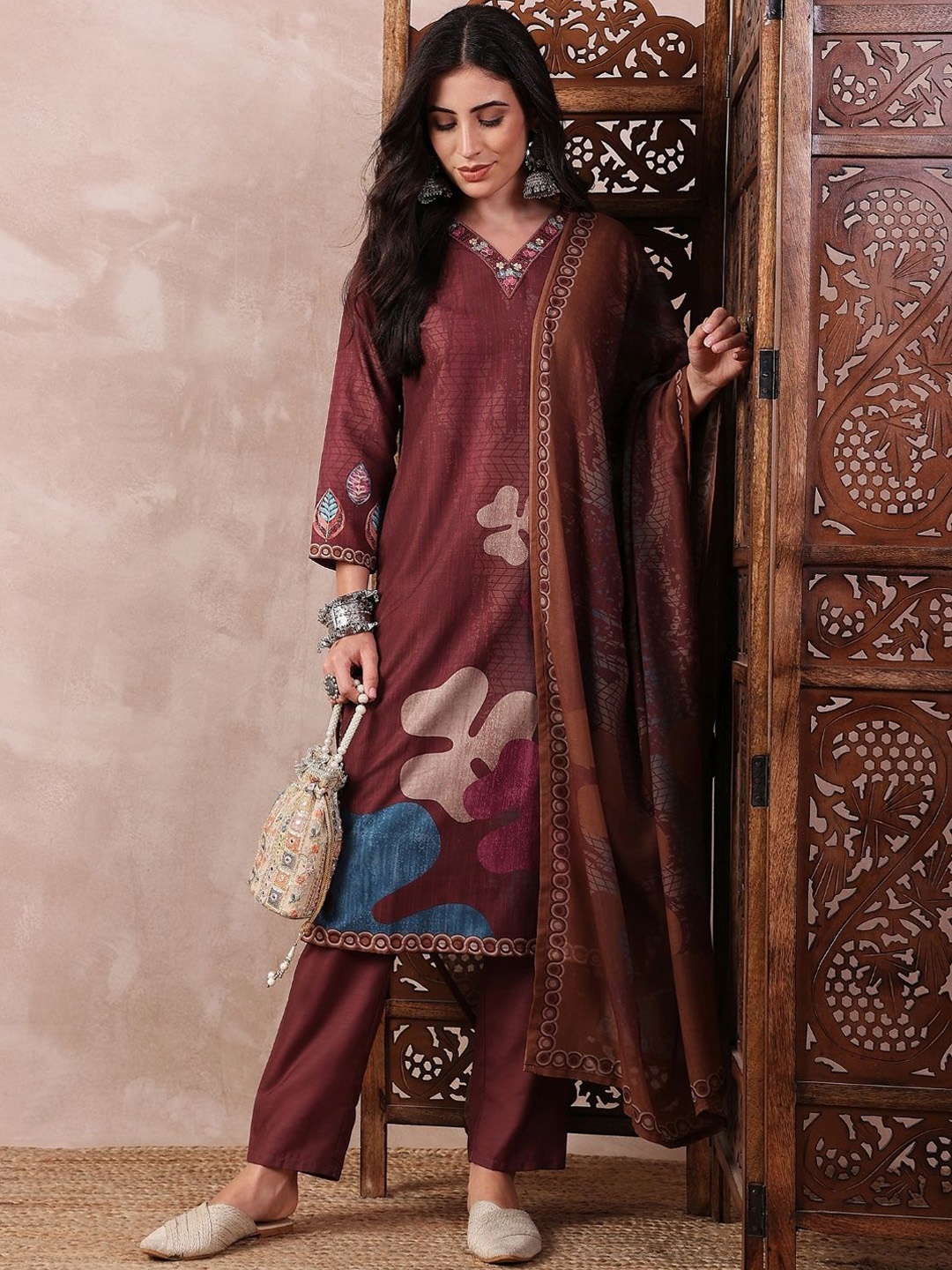 

KALINI Floral Printed Thread Work V-Neck Straight Kurta with Trouser And Dupatta, Brown