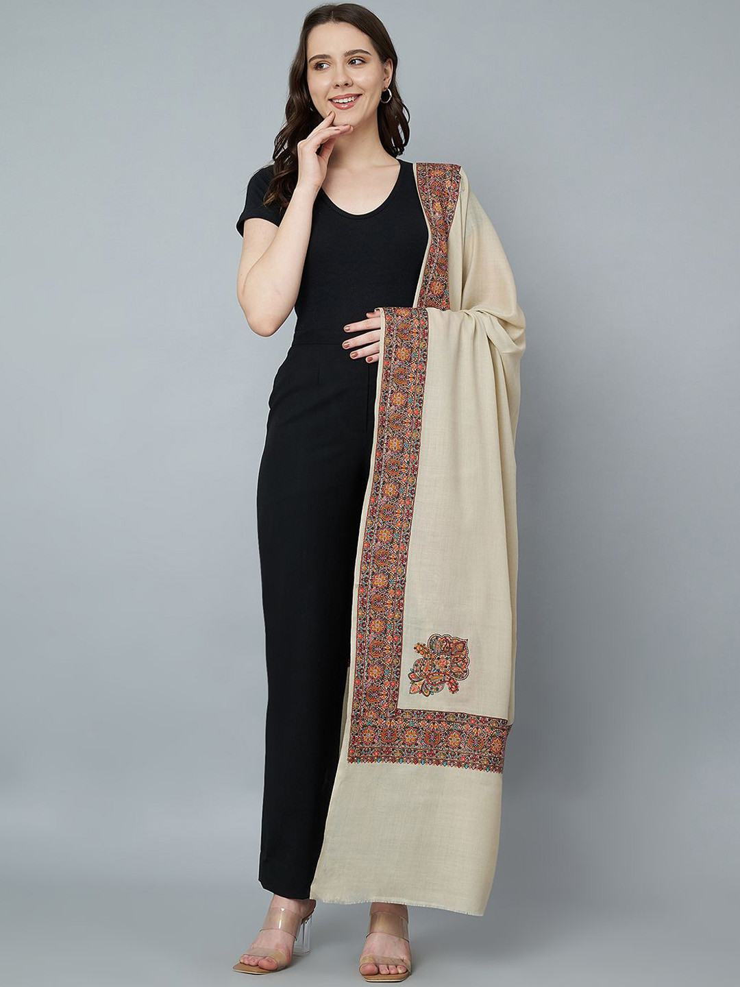 

MUFFLY Women Floral Embroidered Pure Woollen Shawl, Off white