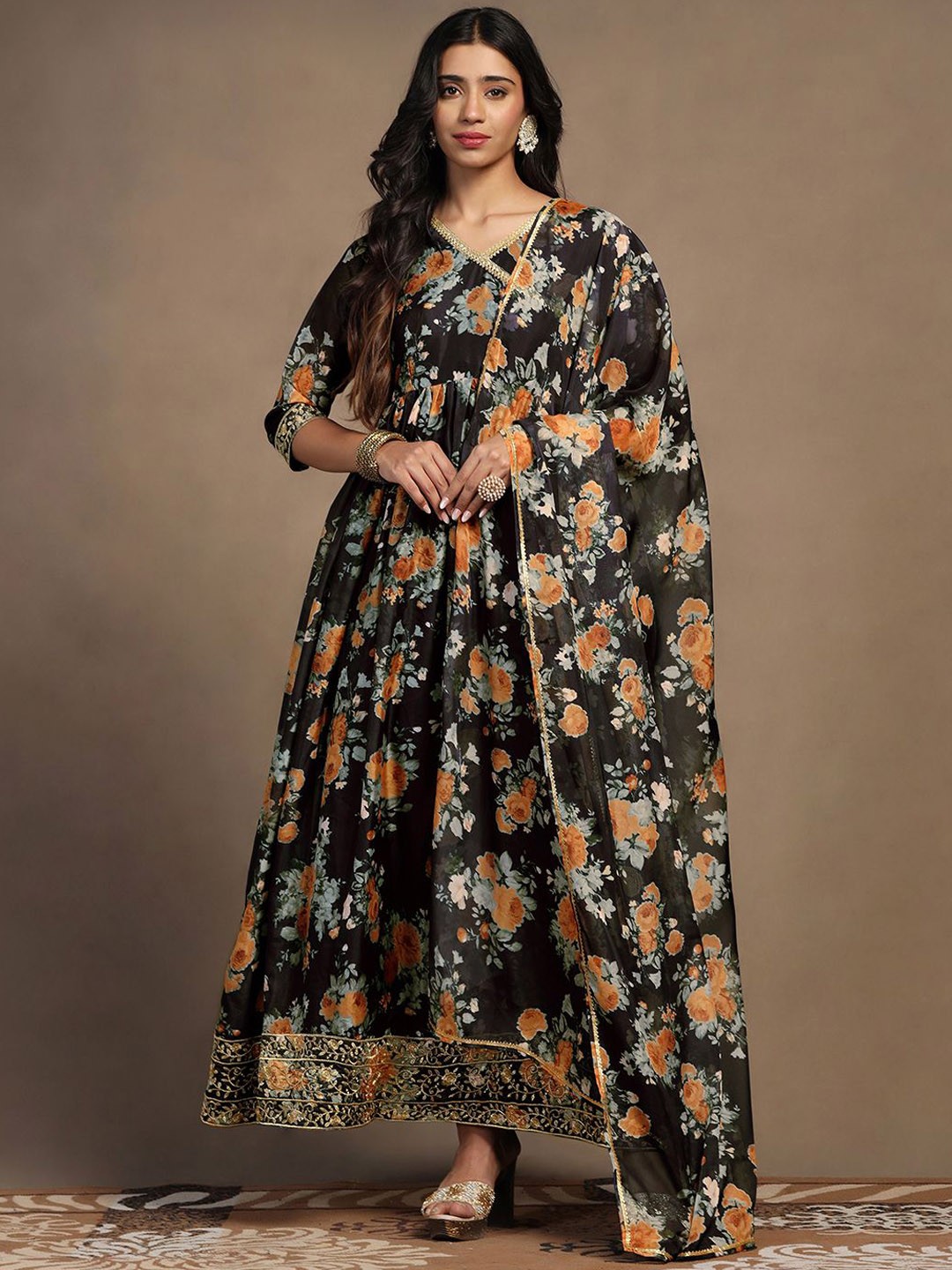 

FASHION DREAM Floral Printed Organza A-Line Maxi Ethnic Dress With Dupatta, Black