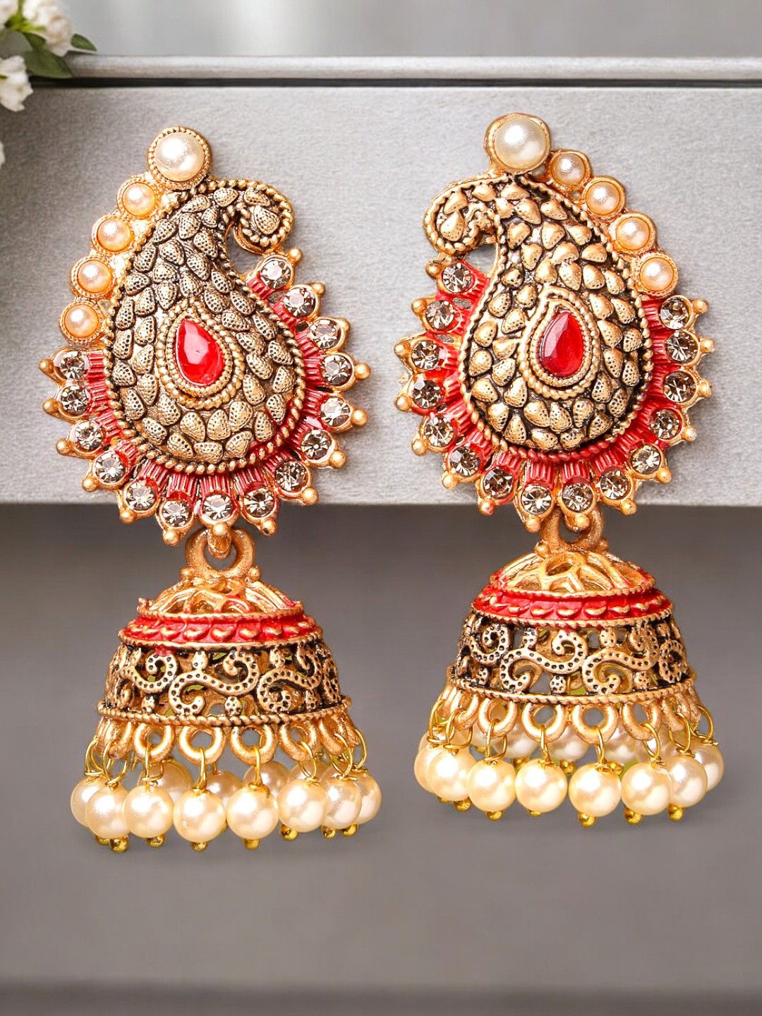 

ADIVA Gold-Plated Hand-Painted Antique Pearl & Stone Studded Dome Shaped Jhumkas