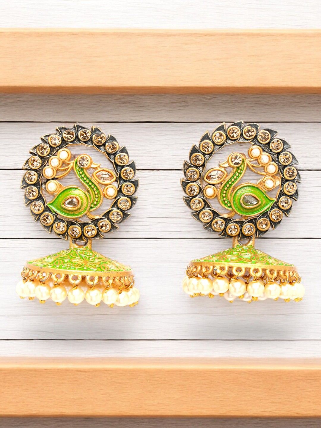 

ADIVA Gold-Plated Kundan Studded & Beaded Peacock Shaped Jhumkas