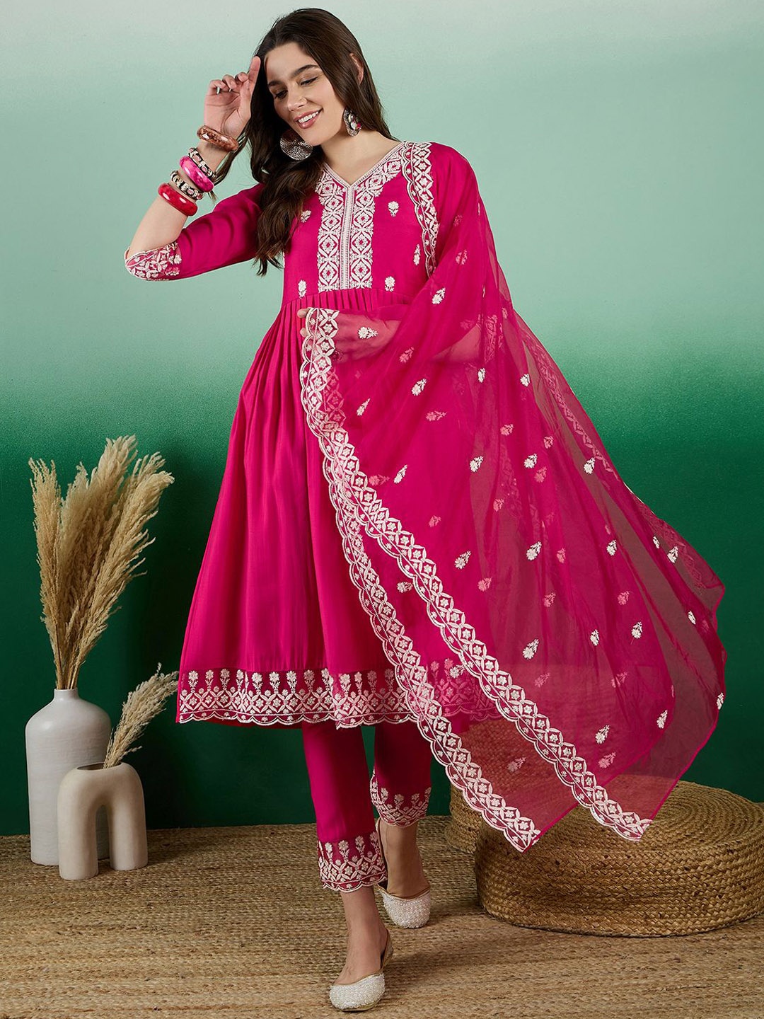 

Sangria Pink Ethnic Motifs Yoke Design Sequinned A-Line Kurta With Trouser & Dupatta