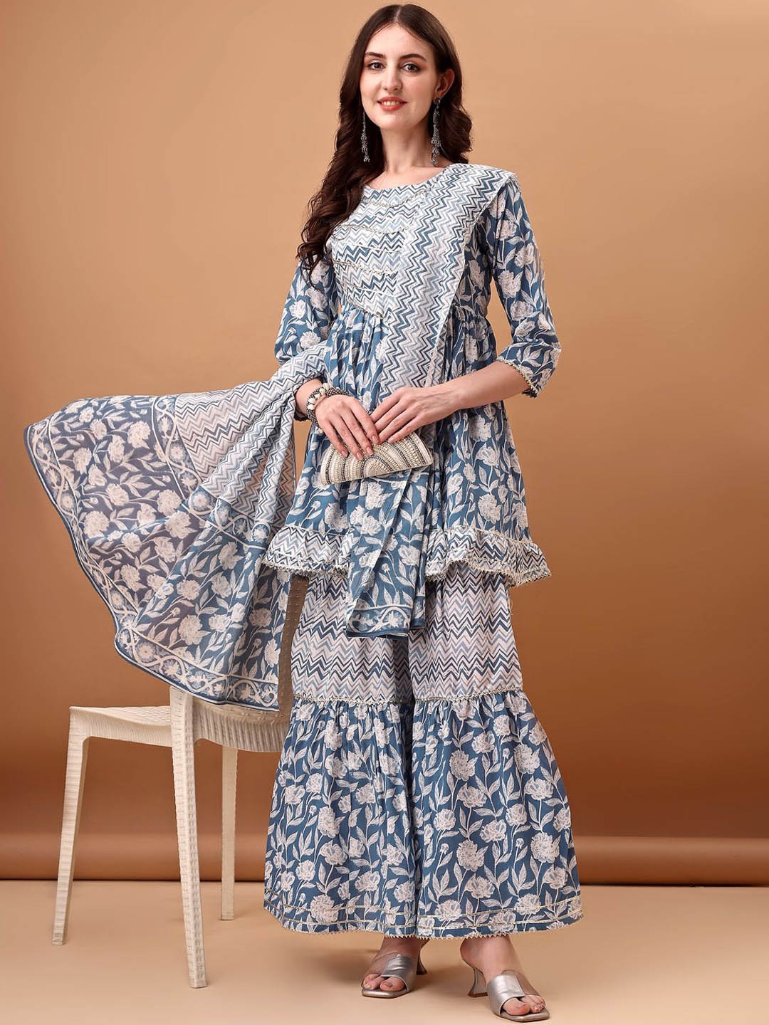 

KALINI Floral Printed Gotta Patti Pure Anarkali Cotton Kurti With Sharara & Dupatta, Blue