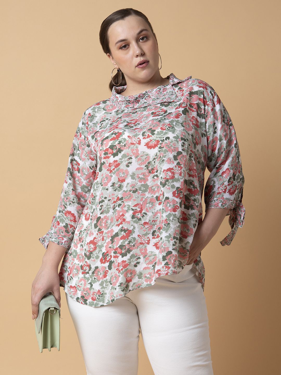 

SHOWOFF Floral Print Slit Sleeve Crepe Top, Sea green
