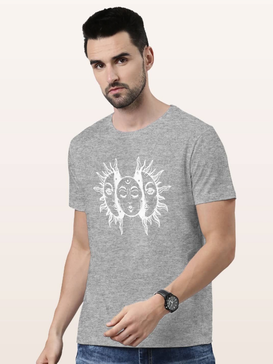 

macmerise Men Printed Applique T-shirt, Grey