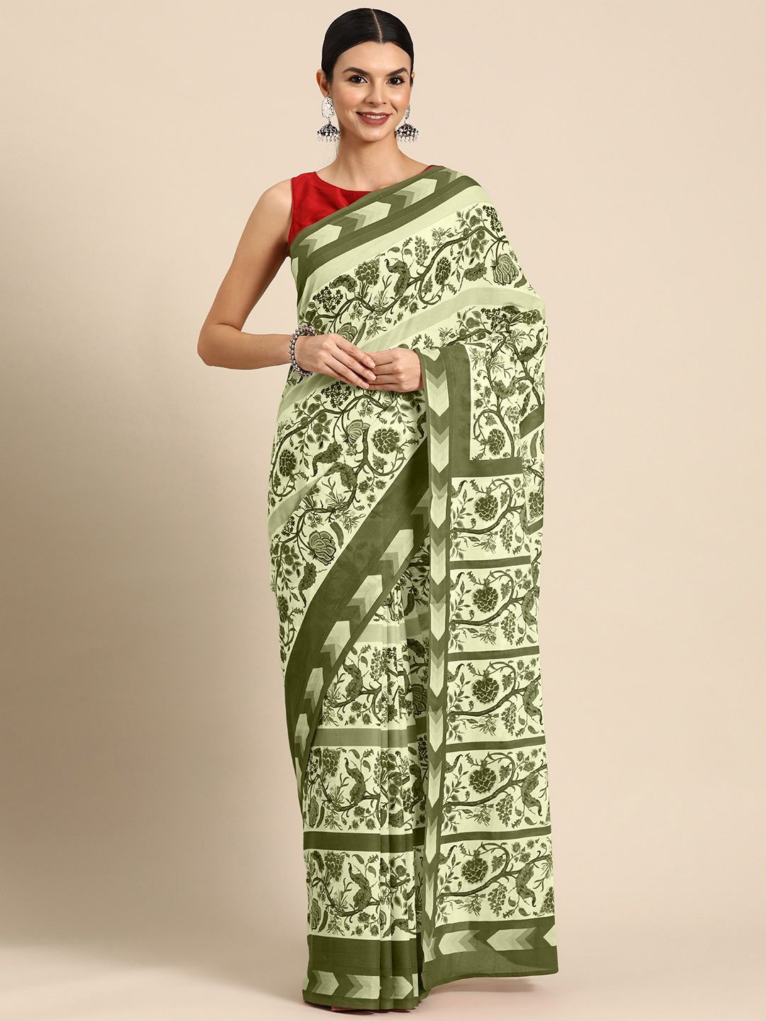 

BUTA BUTI Floral Pure Cotton Saree, Lime green