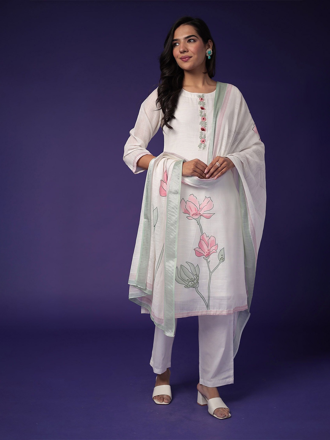 

ZARI Floral Printed Sequinned Pure Cotton Straight Kurta With Trouser & Dupatta, White