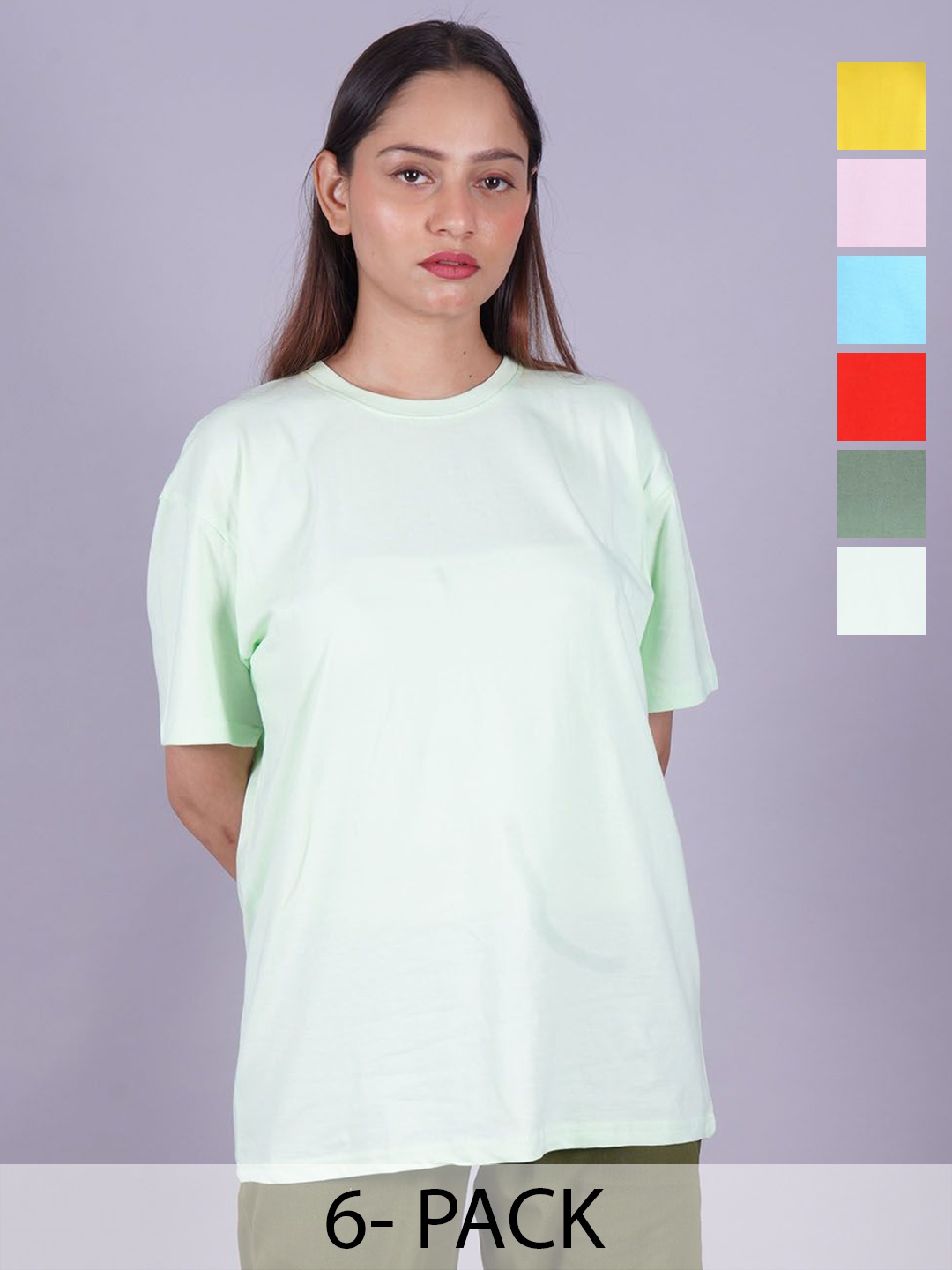 

VYVE Women Pack Of 6 Round Neck Solid T-shirt, Green
