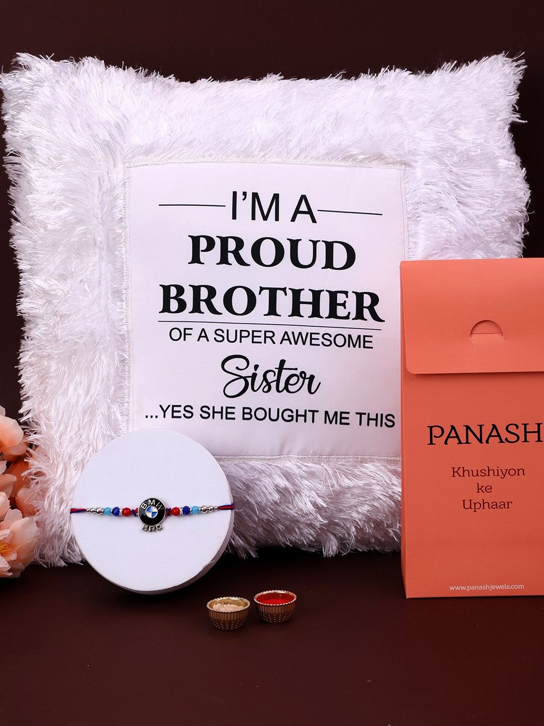 

PANASH Beaded Rakhi With Roli Rice & Pillow, Silver