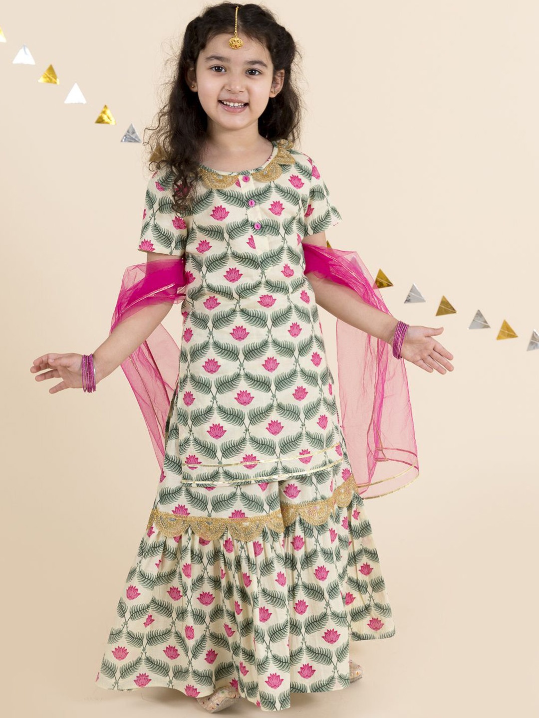 

pspeaches Girls Ethnic Motifs Printed Pure Cotton A Line Kurta & Sharara With Dupatta, Green