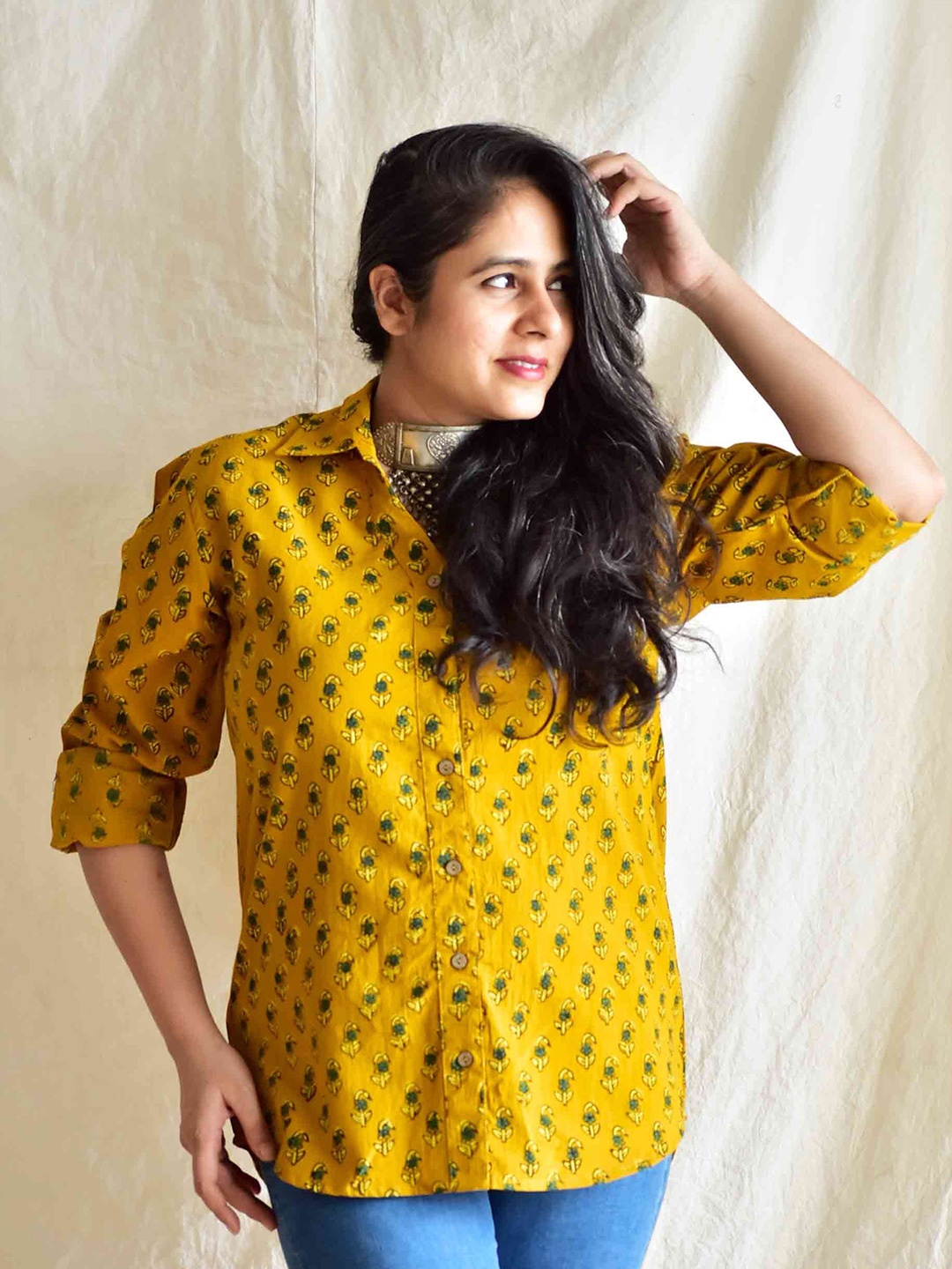 

Sundarii Women Opaque Ethnic Motifs Printed Casual Shirt, Mustard