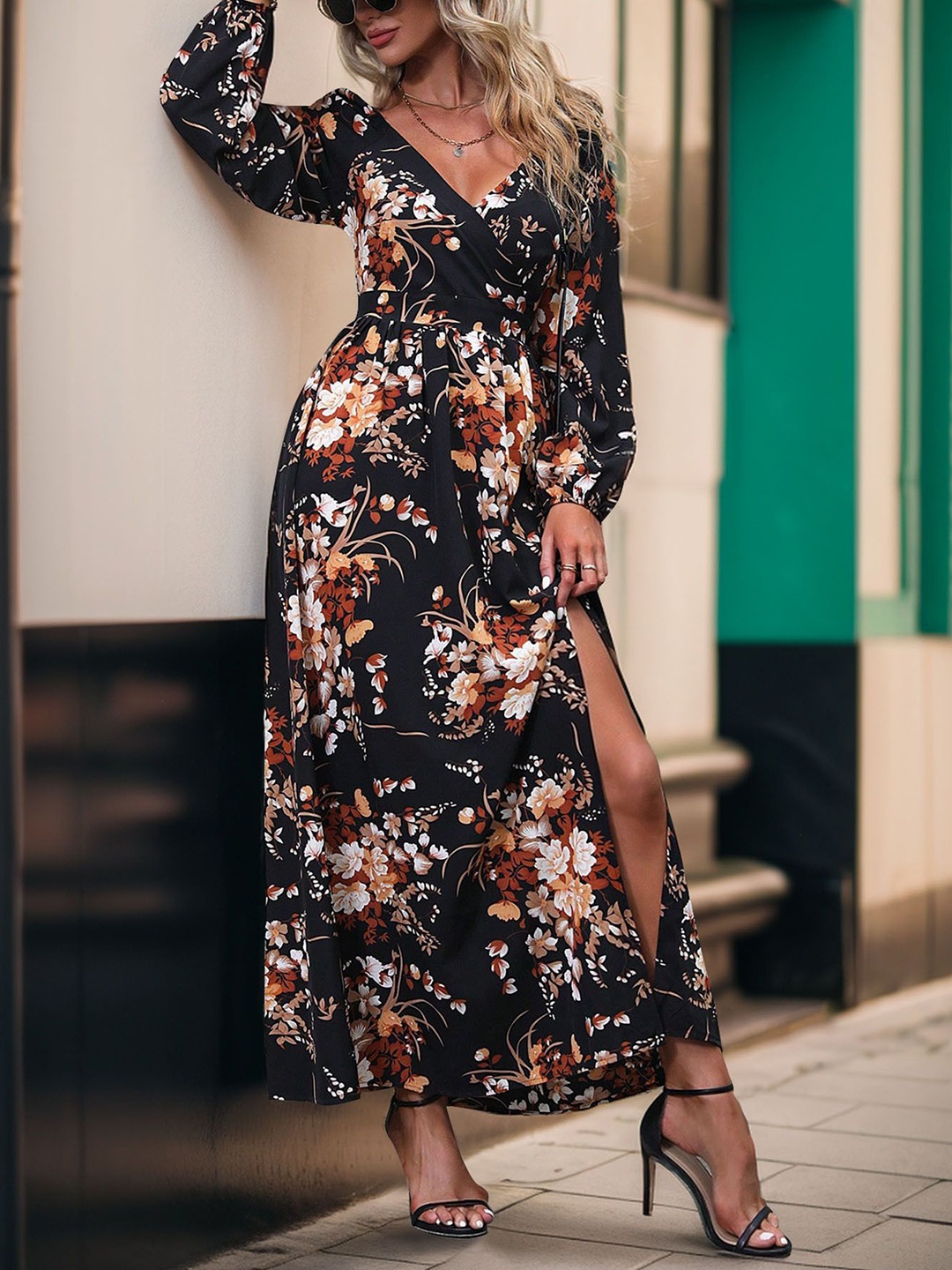 

StyleCast Floral Printed Puff Sleeves Fit and Flare Maxi Dress, Black