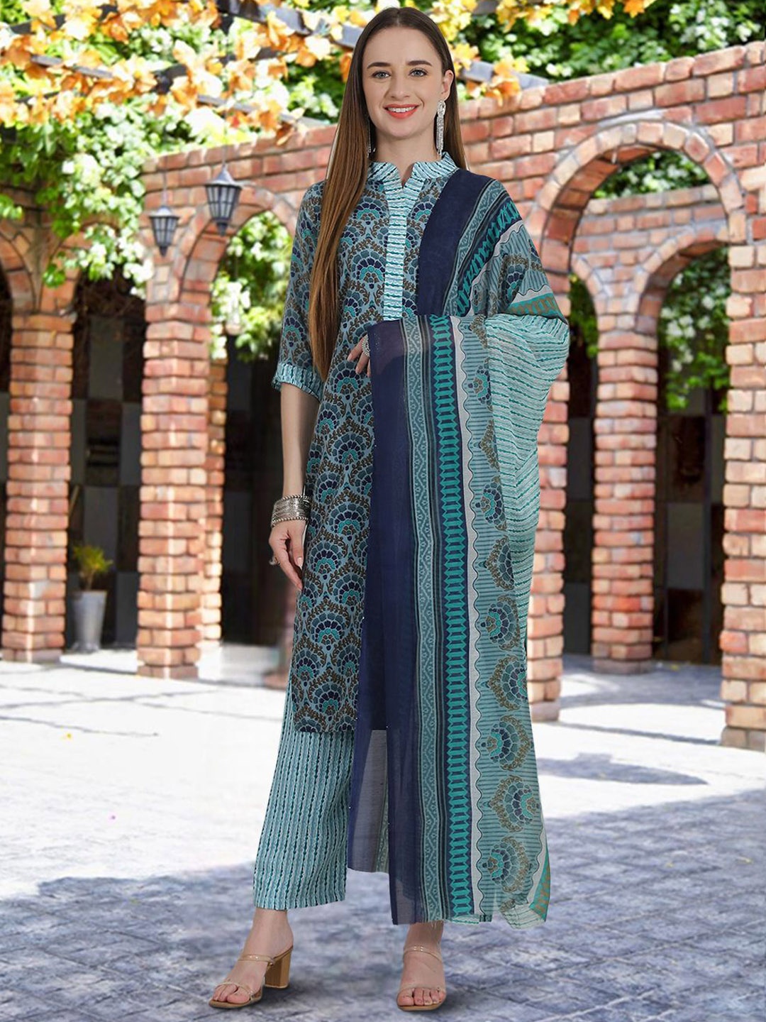 

7Threads Ethnic Motifs Printed Straight Pure Cotton Kurta with Trousers & Dupatta, Teal