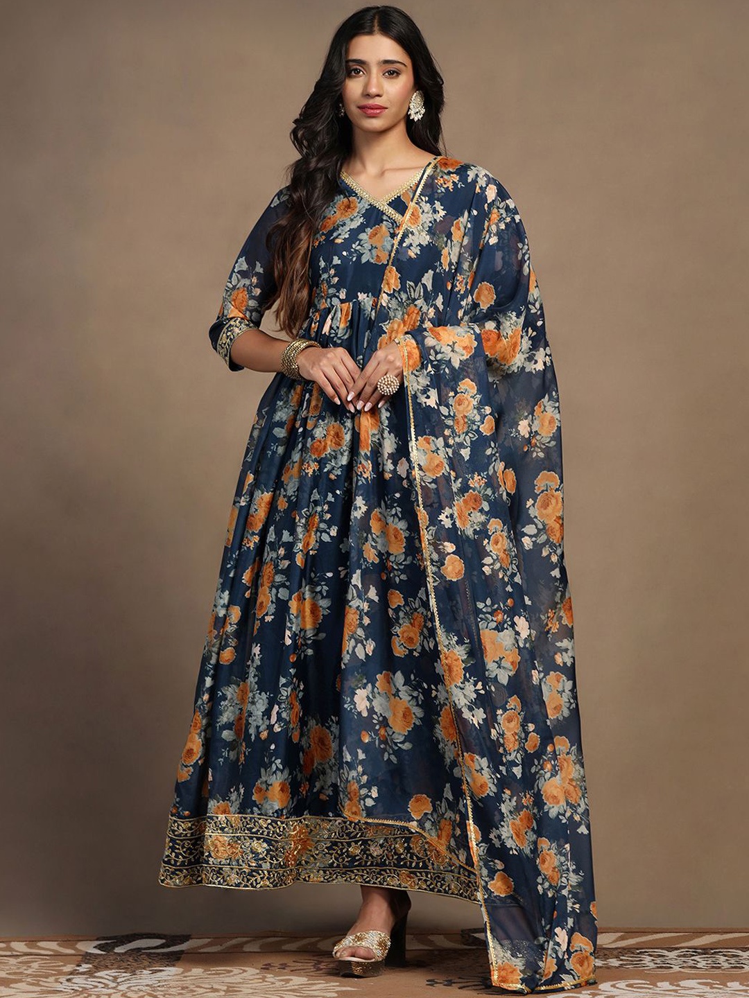 

FASHION DREAM Floral Printed Empire Maxi Ethnic Dress With Dupatta, Blue