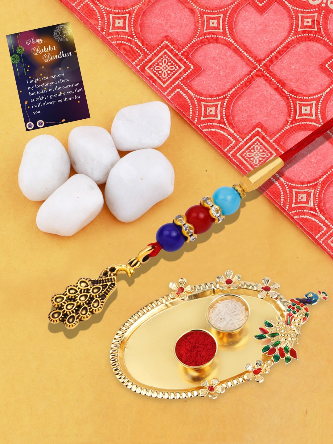 

Silver Shine Set of 2 Lumba Rakhi With Kankawati Pooja Thali & Roli Chawal, Gold
