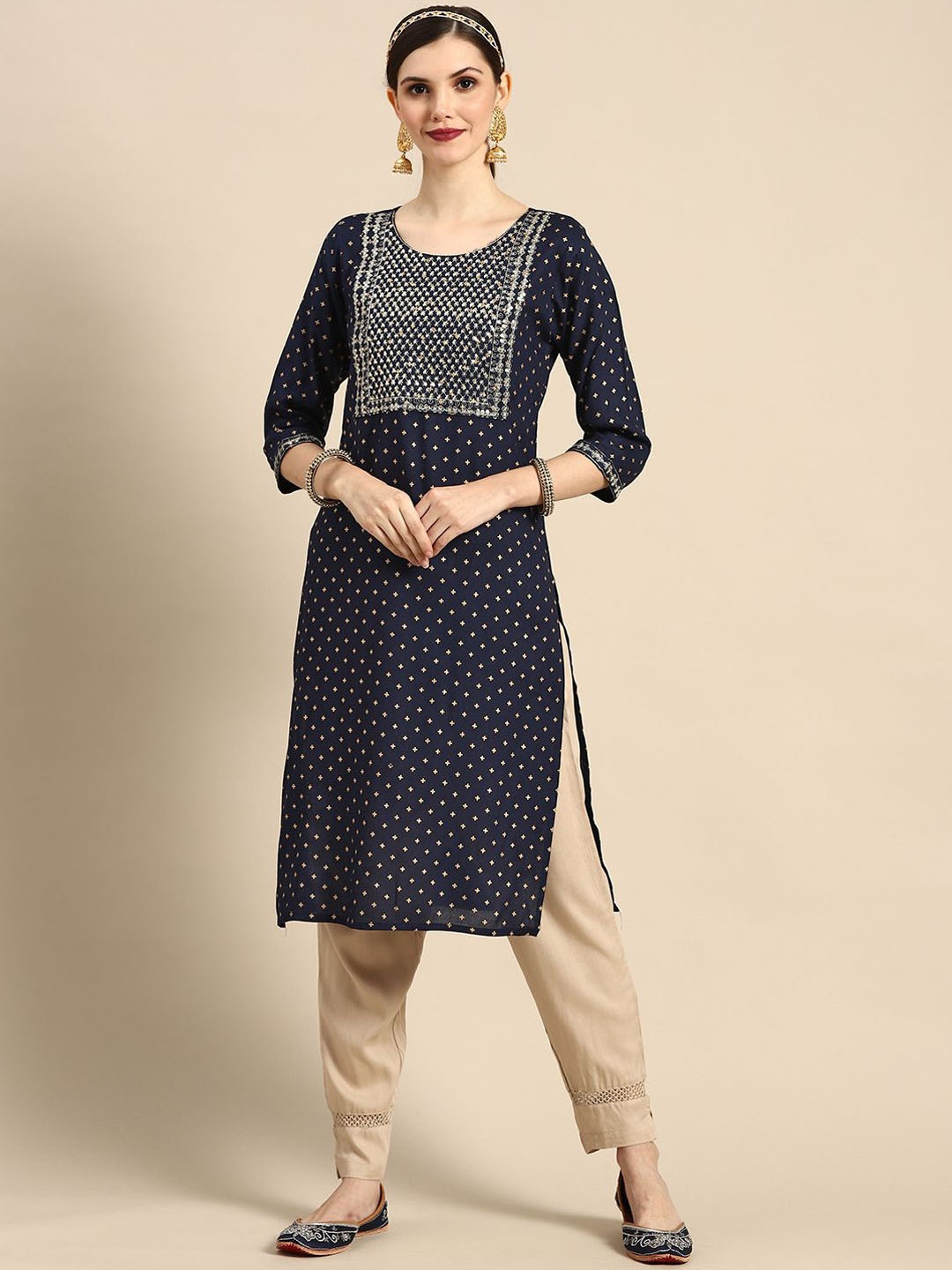 

Sangria Navy Blue Ethnic Motifs Printed Sequinned Straight Kurta