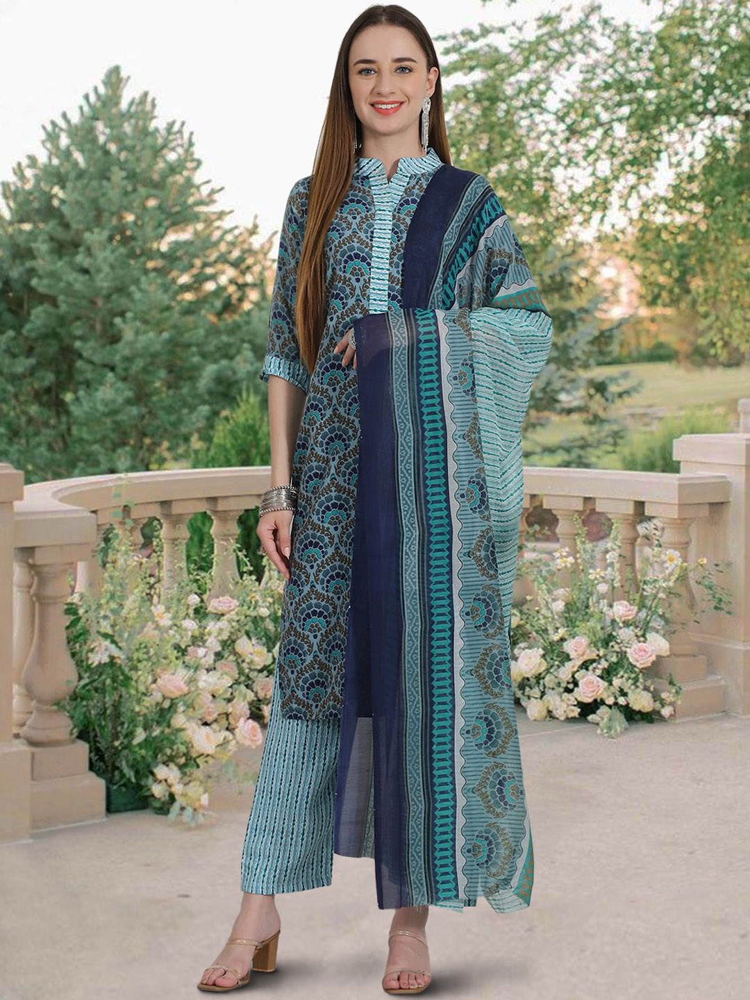 

7Threads Floral Printed Mandarin Collar Pure Cotton Straight Kurta With Trousers & Dupatta, Teal