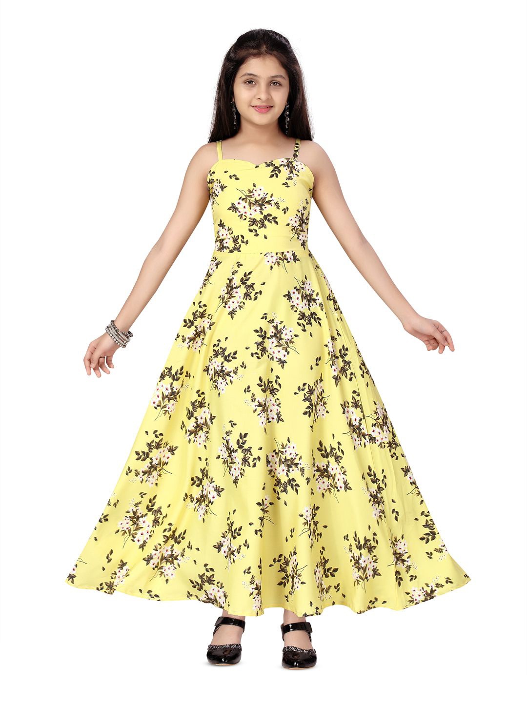 

BAESD Girls Floral Printed Cotton Fit & Flare Maxi Dress, Yellow