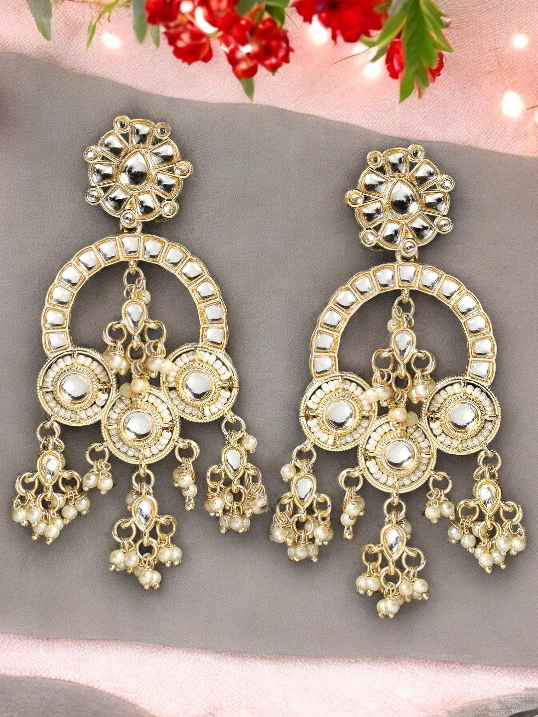 

ADIVA Gold-Plated Kundan Stone & Beaded Contemporary Drop Earrings