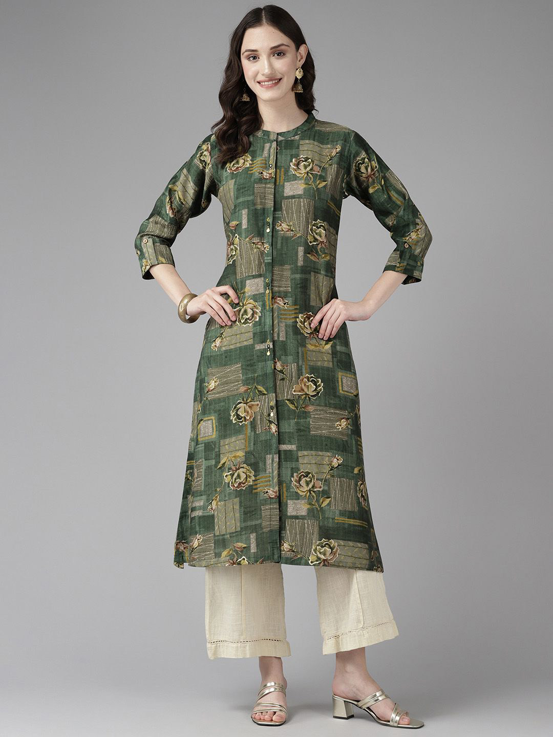 

BAESD Floral Printed Mandarin Collar Cotton A-Line Kurta, Green