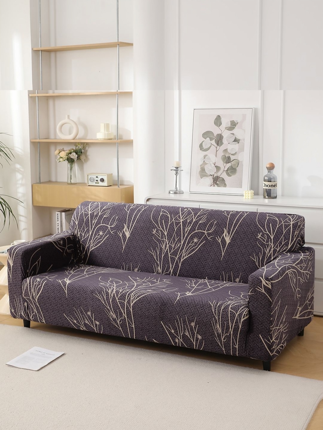 

HOKIPO Purple & Beige 4 Seater Sofa Cover With Arms