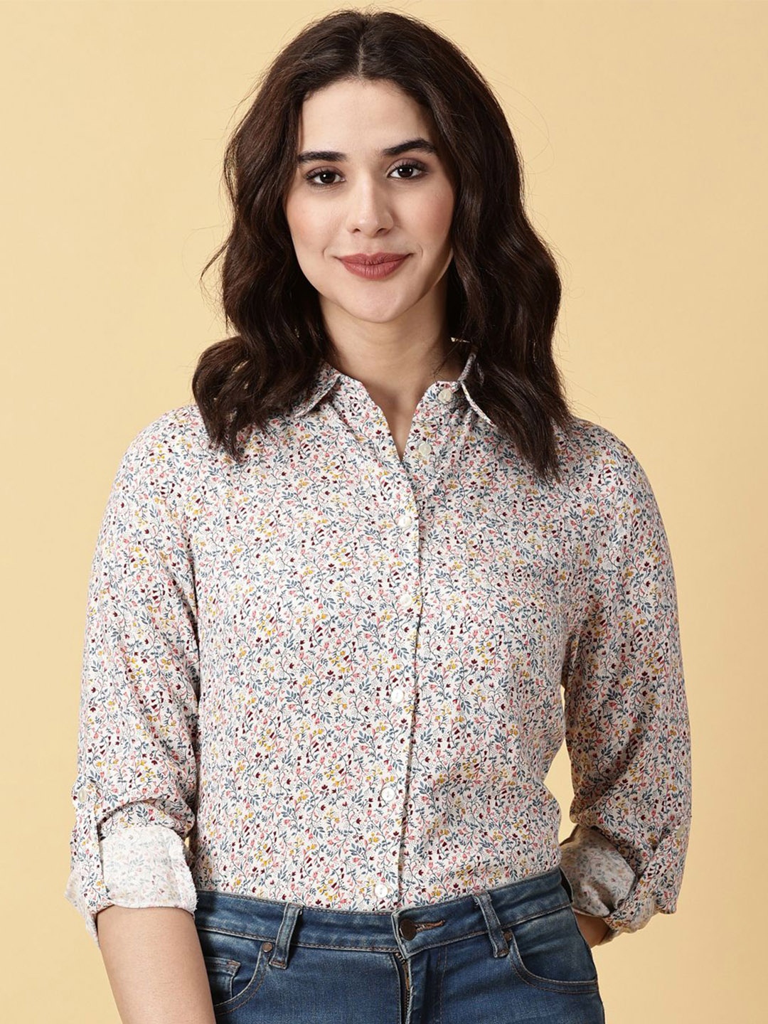 

PURPLE FLAUNT Women Classic Floral Opaque Printed Semiformal Shirt, White