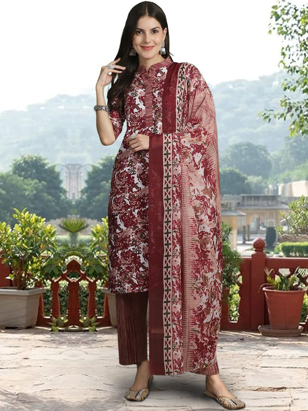 

7Threads Floral Printed Mandarin Collar Pure Cotton Straight Kurta With Trousers & Dupatta, Maroon