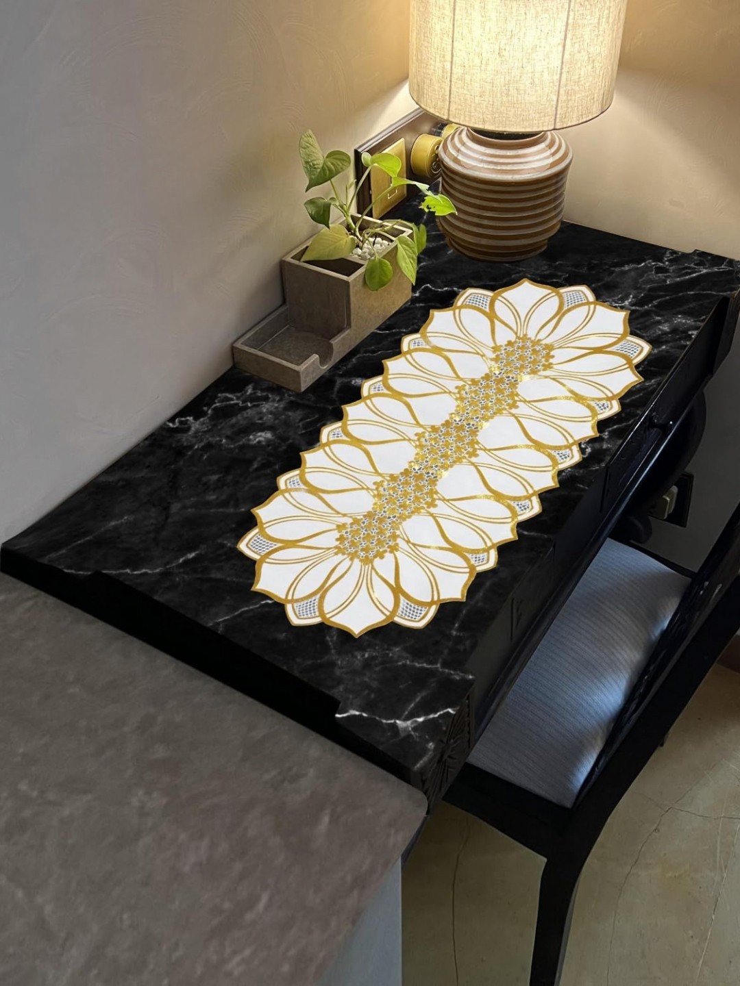 

Dakshya Industries White & Yellow Floral Printed Table Runner, Gold