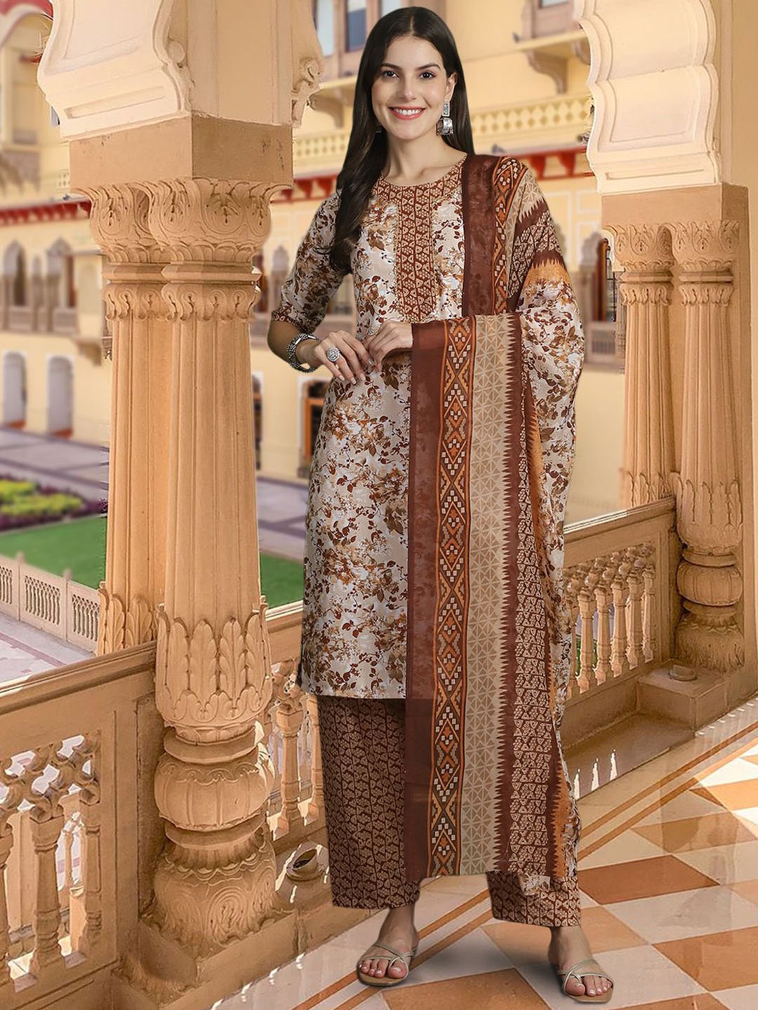 

7Threads Floral Printed Pure Cotton Straight Kurta With Trousers & Dupatta, Beige