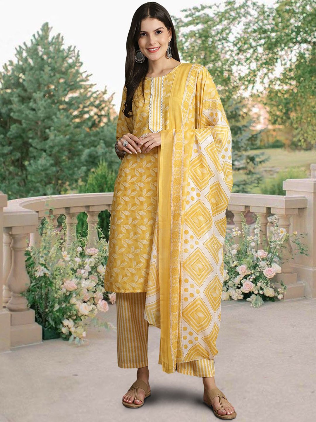 

7Threads Floral Printed Pure Cotton Straight Kurta with Trousers & Dupatta, Yellow