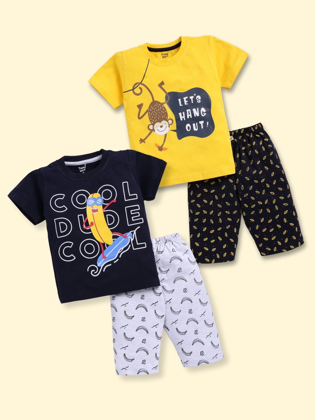 

Toonyport Infant Kids Unisex Pack of 2 Printed Pure Cotton Top With Capris, White