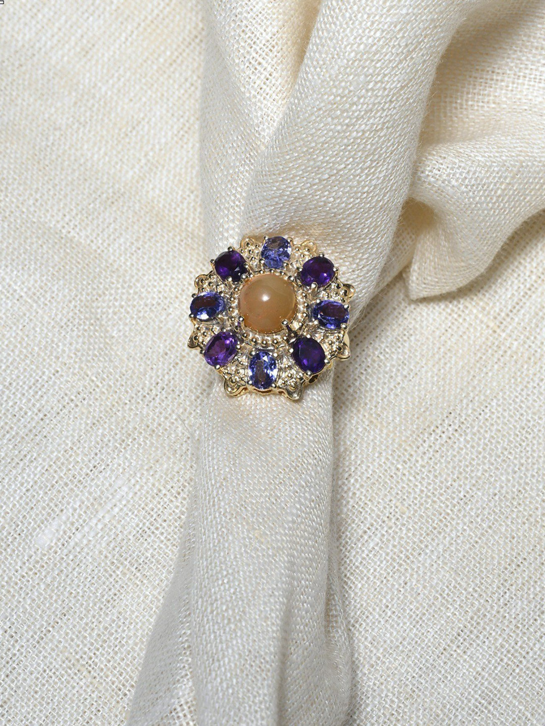 

Exotic India Tanzanite & Amethyst Sterling Silver Floral Design Ring with Opal In Center, Gold
