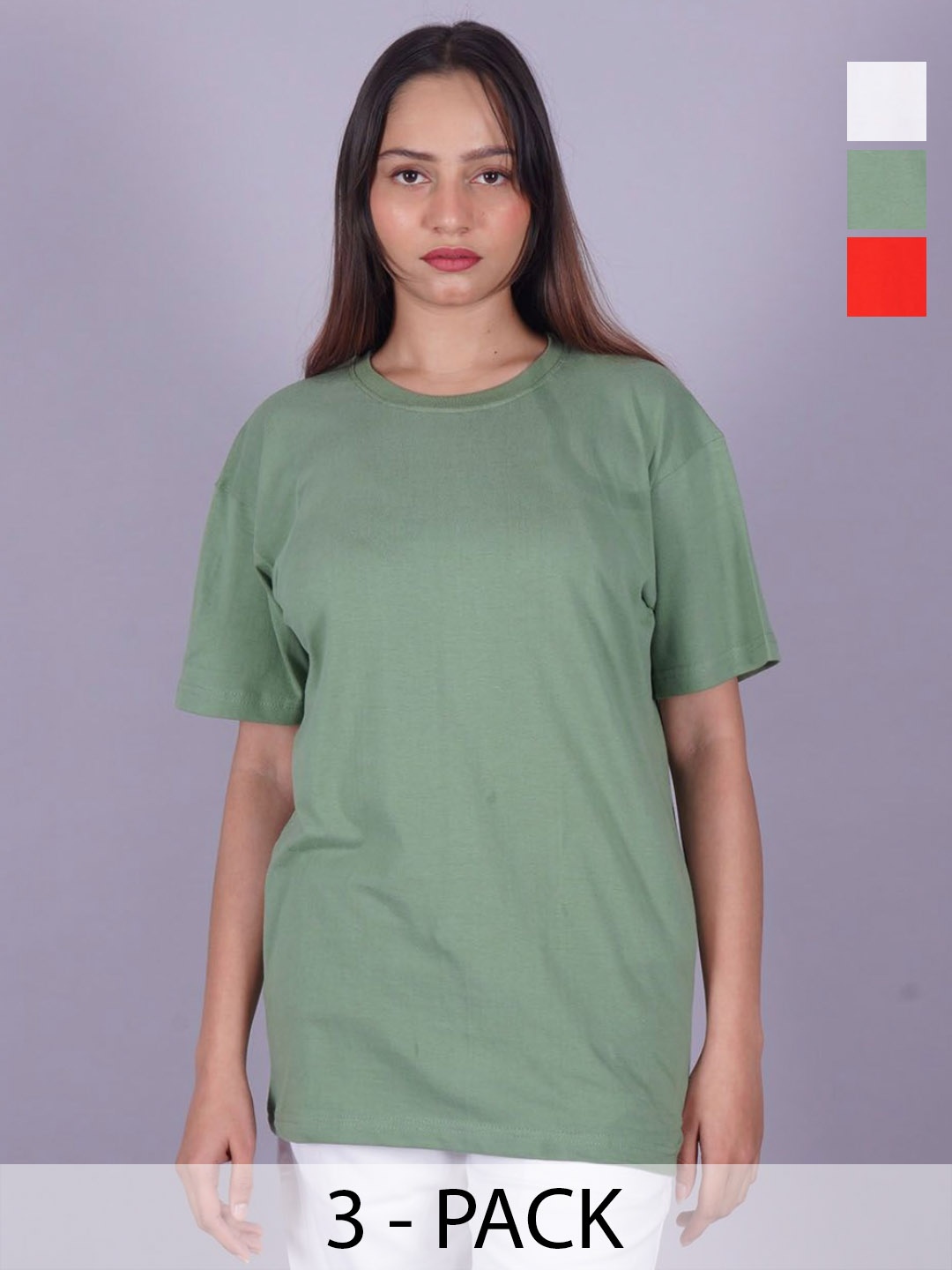 

VYVE Women Pack Of 3 Round Neck Solid T-shirts, Green
