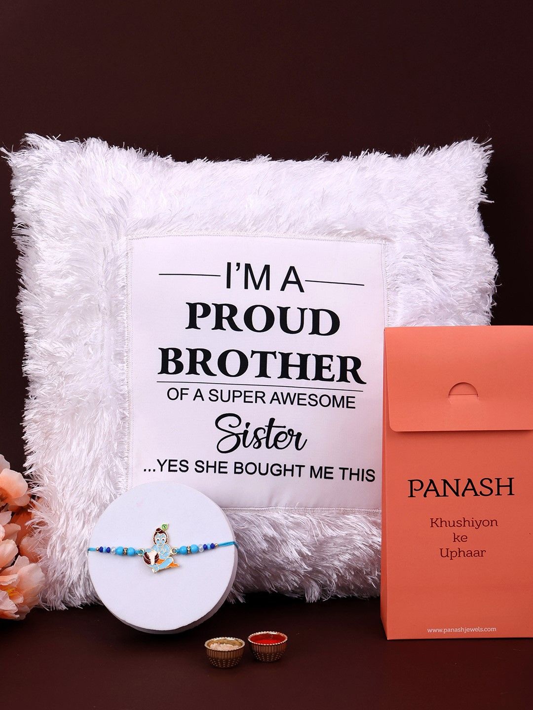 

PANASH Rakhi With Cushion & Roli Chawal Gift Set, Gold