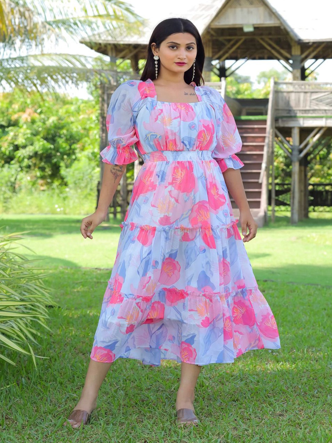 

Sadika Women Floral Printed Square Neck Puff Sleeve Ruffled Fit and Flare Dresses, Turquoise blue