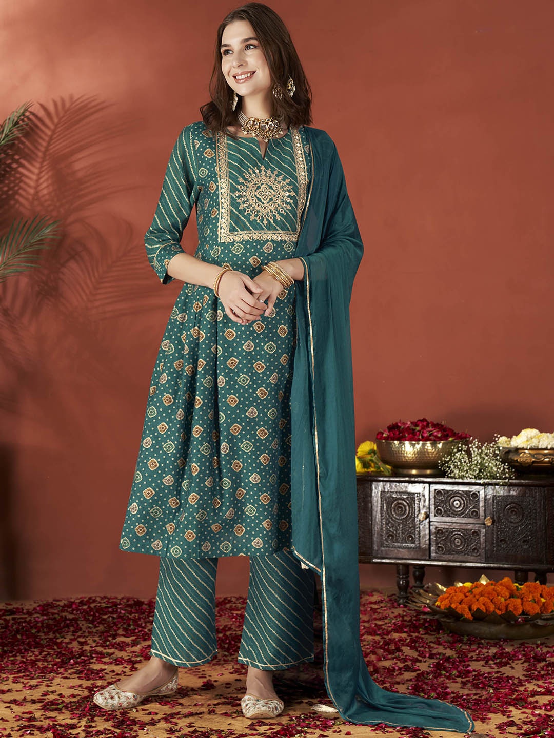 

Anouk Ethnic Motifs Embroidered Mirror Work Chanderi Silk Kurta With Trousers & Dupatta, Turquoise blue