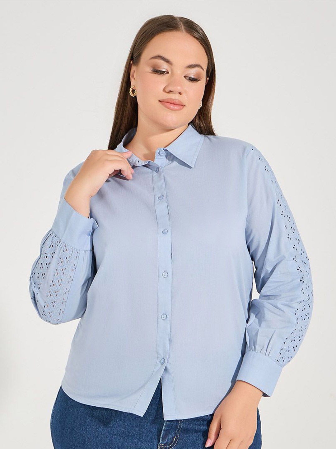 

Styli Women Solid Spread Collar Plus Size Pure Cotton Schifilli Shirt, Blue