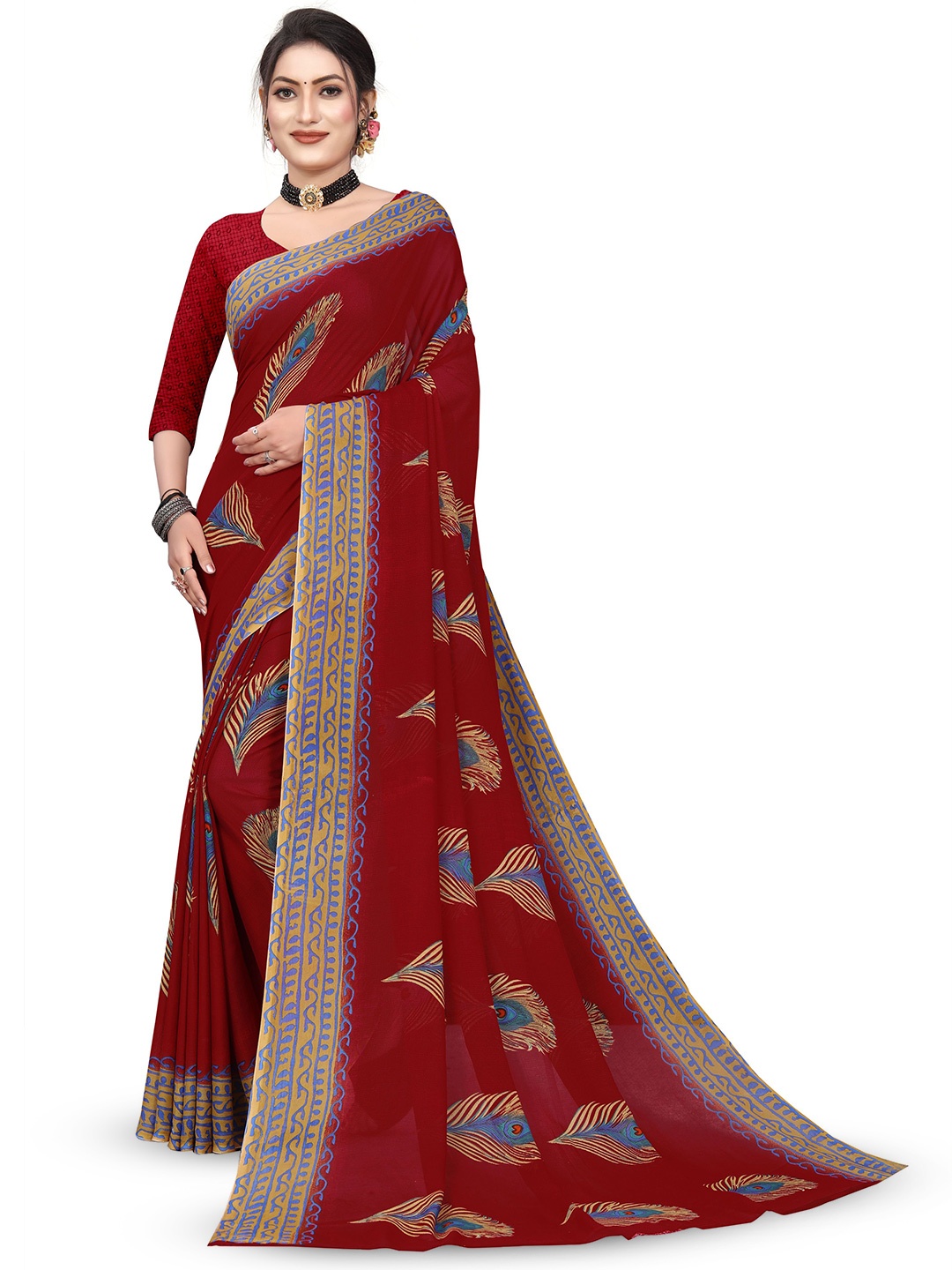 

RUNAYA NX Ethnic Motifs Pure Georgette Saree, Maroon
