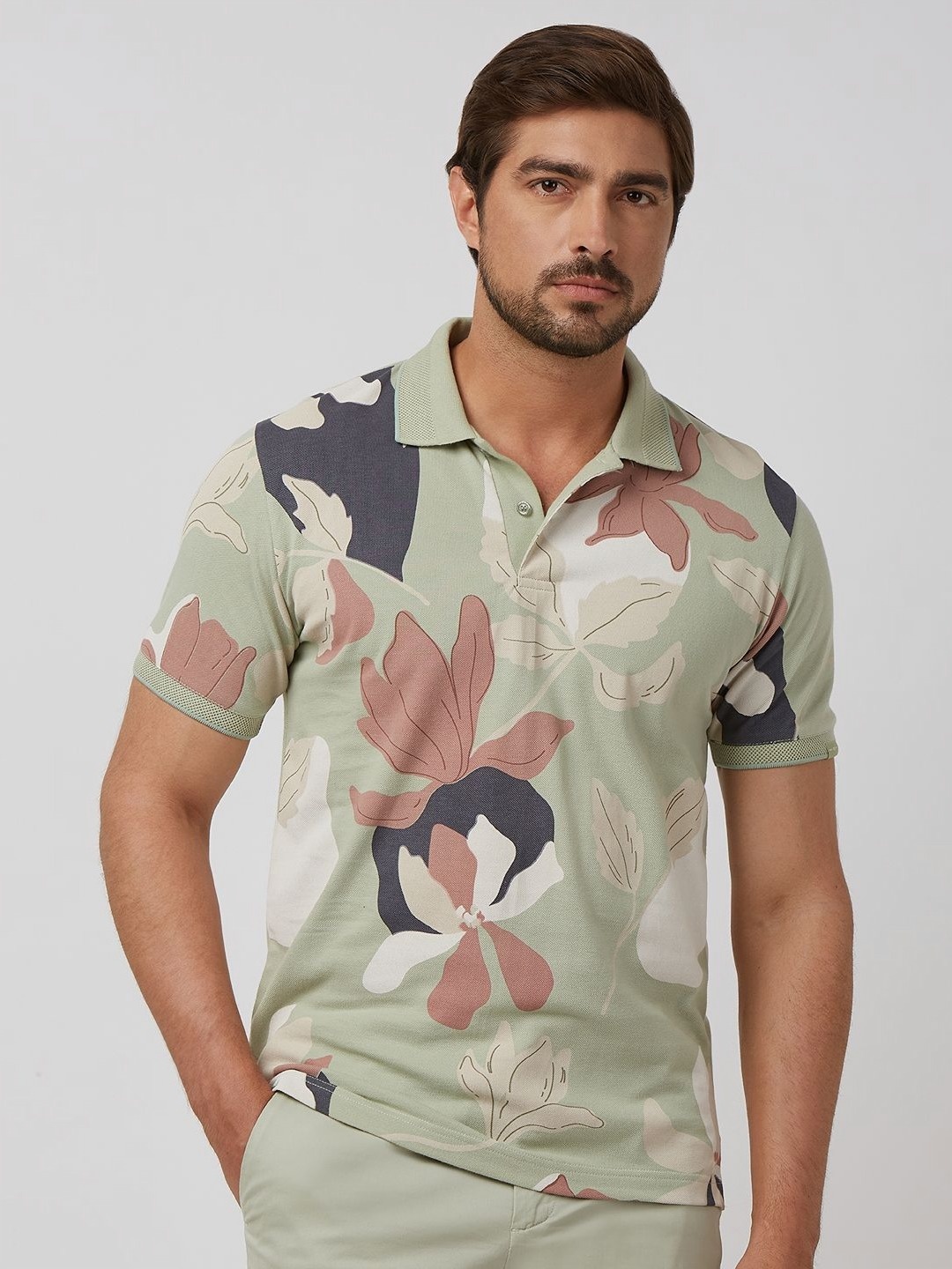 

Mufti Men Floral Printed Polo Collar Cotton Slim Fit T-shirt, Green