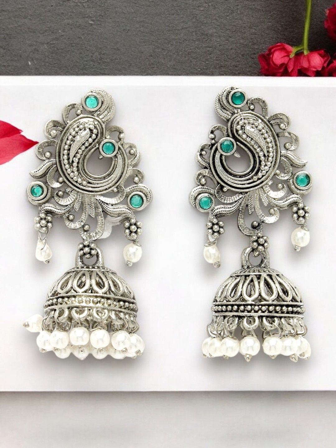 

ADIVA Silver Plated Pearl Beaded Dome Shaped Oxidised Jhumkas