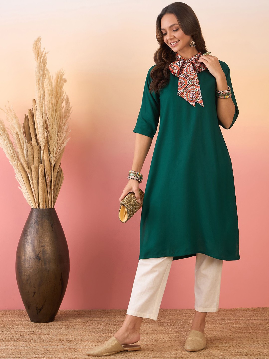 

Sangria Green Scarf-Tie V-Neck Straight Kurta