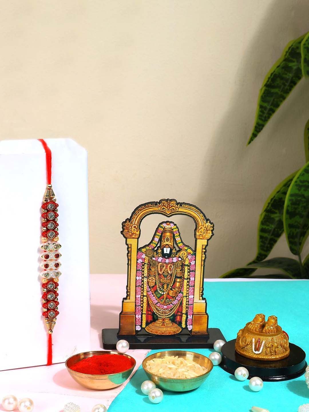 

Phirki Studio Set of 2 Stone Studded Rakhi With God Figure Table stand & Roli Chawal, Red
